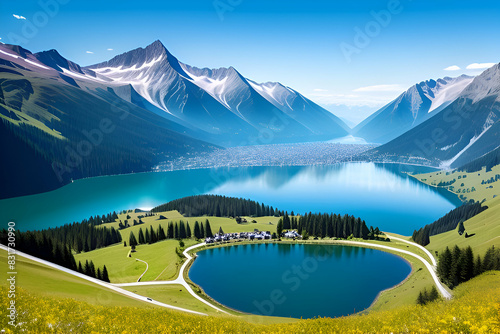 Beautiful view of a lake surrounded by rocky mountains and greenery in Switzerland