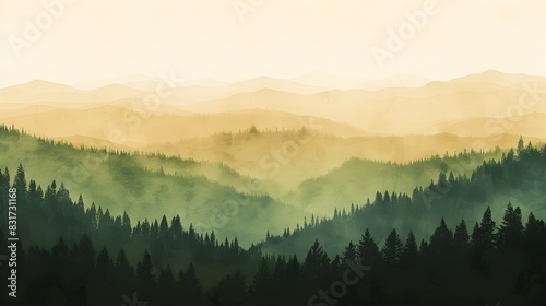 Misty Mountain Gradient An Ethereal Landscape of Layered Forests and Hazy Horizons