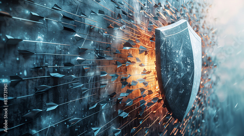 A digital shield deflecting a barrage of arrows representing cyber threats. 