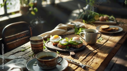 A rustic breakfast scene with avocado toast, poached eggs, and a cup of coffee, wooden table, morning light, cozy and inviting atmosphere, professional food styling and photography Sony A7R IV 50mm