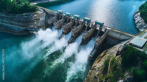 A clean, renewable hydroelectric dam generating power, an alternative to fossil fuels in the fight against global warming