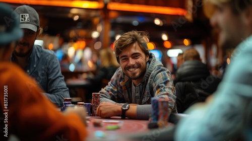 happy poker player with teeth smile after winning the match.