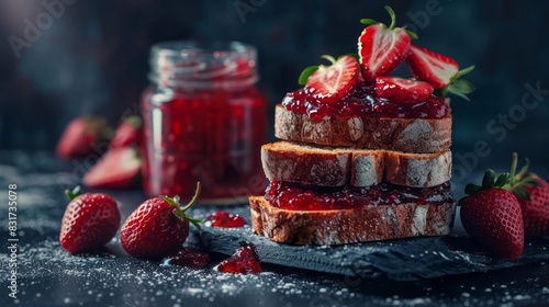 Fresh and delicious strawberry jam spread on bread, accompanied by strawberries next to it, and a jar of homemade jam standing beside it, all set against a dark background.