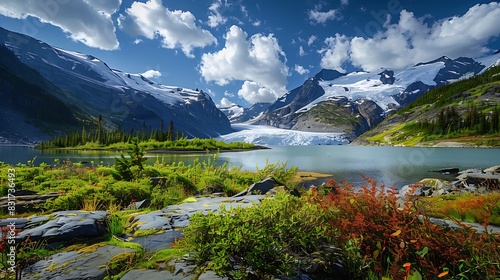 A scenic landscape with visible climate change impacts, such as receding glaciers or altered vegetation patterns