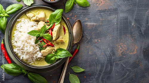 A flavorful Thai green curry served in a bowl with a side of jasmine rice and fresh basil leaves