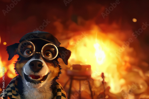 chien personnage 3D, en tenue de détective avec un chapeau et des lunettes et une écharpe devant un incendie. Espace négatif copyspace. 