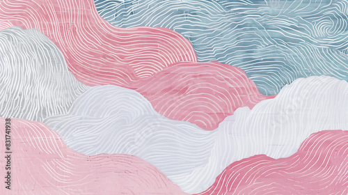 Fond background abstrait, ondulations, vagues, dans le style japonisais, couleur bleu, rose rouge et blanc.