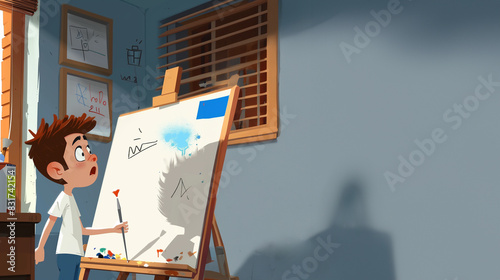 Jeune garçon brun cheveux en brosse dans sa chambre devant un chevalet de peintre, un pinceau à la main, préparant un beau dessin, style cartoon ou BD, bande dessinée