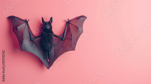A black bat with outstretched wings against a pink background. The image captures the contrast between the dark creature and the bright backdrop.