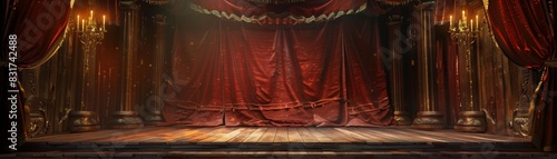 Luxurious vintage theater stage with red velvet curtains, illuminated by warm chandeliers, creating an elegant and dramatic atmosphere.