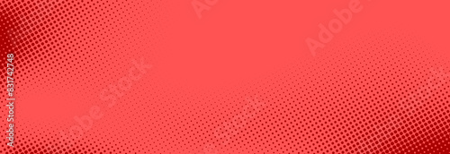 Red halftone pattern. Retro comic gradient background. Bright pixelated dotted texture overlay. Cartoon pop art faded gradient pattern. Vector backdrop for poster, banner, advertisement