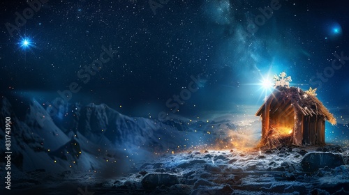 The Birth Of Jesus Christ In Bethlehem. The Star Of Bethlehem Shines Brightly In The Night Sky.