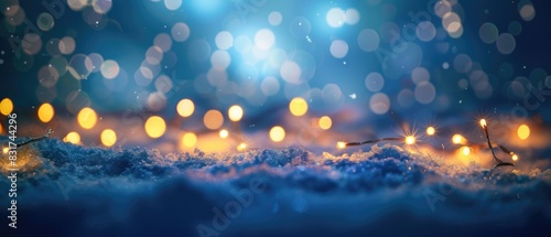 estive Christmas natural snowy landscape, abstract empty stage, background with snow, snowdrift and defocused Christmas lights. Blue and yellow Golden Christmas lights against blue sky, copy space
