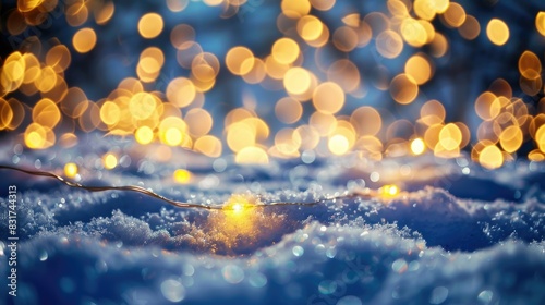 estive Christmas natural snowy landscape, abstract empty stage, background with snow, snowdrift and defocused Christmas lights. Blue and yellow Golden Christmas lights against blue sky, copy space