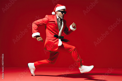 Energetic Santa Claus in a stylish pose, running in a vibrant red background, embodying the rush of holiday preparations.