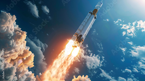 Space rocket in the sky, concept of goal and striving for success,Flying red rocket on blue sky background. Business and start up concept. 3D Rendering,Rocket taking off and flying with copy space. 