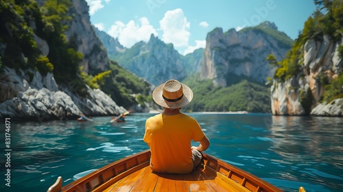 Man enjoying a scenic boat ride, concept of water and relaxation