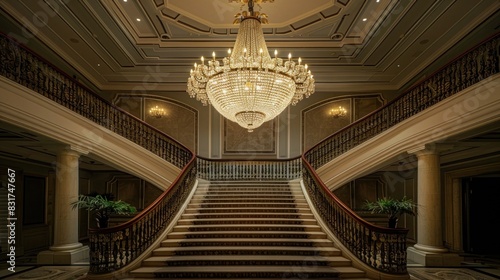 An opulent chandelier hanging from a high ceiling, casting a soft glow over a grand staircase, adding an air of luxury and refinement to the space.