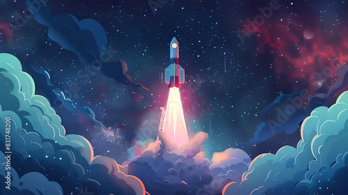 Concept of business product on a market. Spaceship takes off in the starry sky. Rocket space ship.Elements of this image furnished,Space Shuttle Launch.Deep space. Beauty of endless universe 