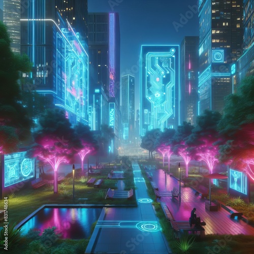 17 138. A futuristic cyberpunk city scene in a tranquil park, wi