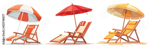 Collection of Vacation and travel concept. Beach umbrella and beach chair on sea coast