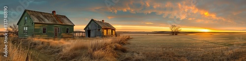 Rustic green farmhouse on the left side, text-friendly plain backdrop on the right, rural setting