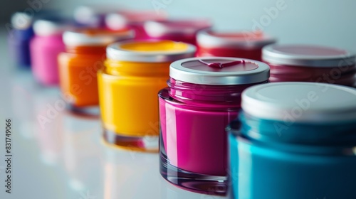 Close-up of cosmetic containers, clean white background, room for text, bright and vibrant colors