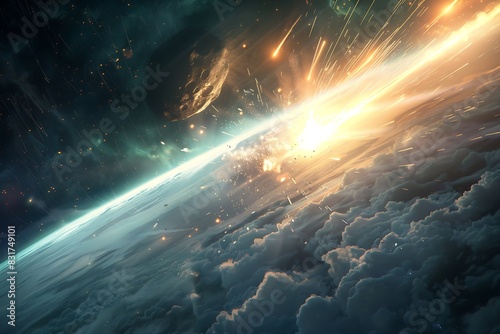 A meteor streaking through the atmosphere, exploding in a blinding flash of light and debris.