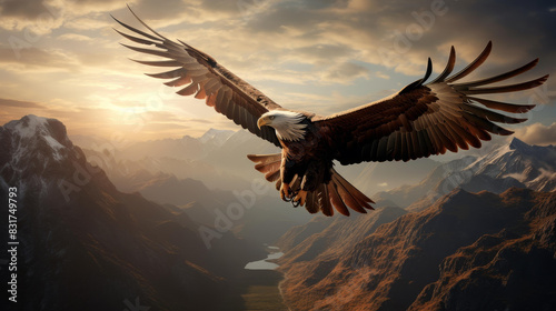 Stunning illustration of a bald eagle in flight over mountainous landscape.
