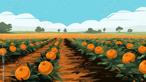 Delightful pumpkin patch illustration with rows of plump orange pumpkins, perfect for autumnthemed designs. Clean white background.
