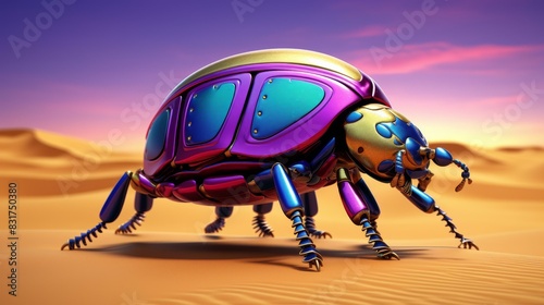 Exquisite depiction of a vibrant scarab beetle against a desert backdrop with fine detail and clean background.