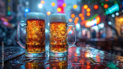 Close-up silhouette of two beer mugs clinking, colorful festival lights in the background, capturing the glass outlines and frothy liquid, lively and fun, high-definition image, 16:9 ratio 