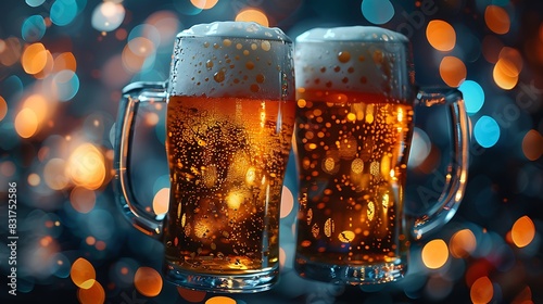 Close-up silhouette of two beer mugs clinking, colorful festival lights in the background, capturing the glass outlines and frothy liquid, lively and fun, high-definition image, 16:9 ratio 