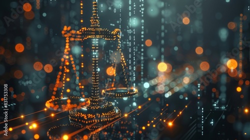 The legal scales of justice now transformed into glowing blocks of code representing the balance between regulation and innovation in the crypto universe.
