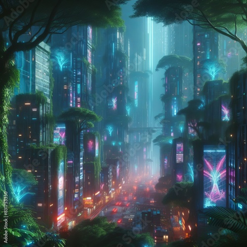 5 49. A dystopian cyberpunk city scene in a lush forest, with ne