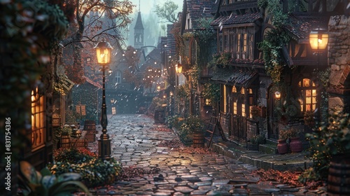 A charming cobblestone street winding through an ancient European town, its historic buildings bathed in the warm glow of street lamps.