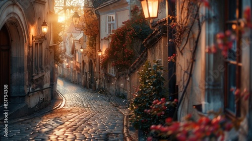 A charming cobblestone street winding through an ancient European town, its historic buildings bathed in the warm glow of street lamps.