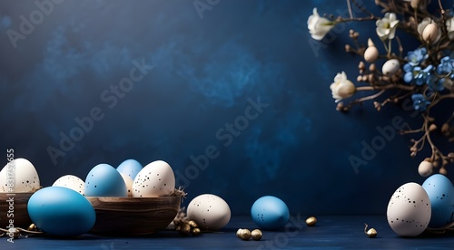 Easter eggs and decorations are copied onto a dark blue backdrop, leaving room for writing and greetings.