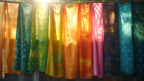 A row of colorful tie dye scarves hang on a rack