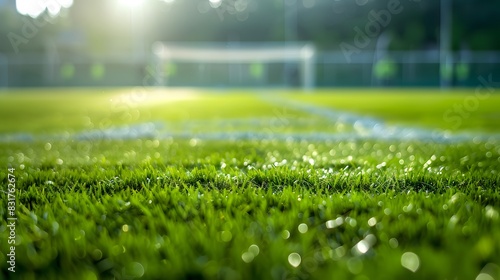Detailed green grass on a football pitch, with the far-off background gently blurred