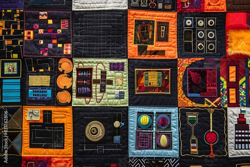A quilt with patches showing different communication technologies