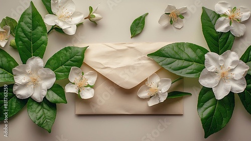 A love letter in an envelope with a white jasmine on a white background.