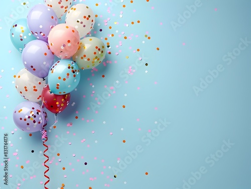 Carnival Atmosphere Balloons and Streamers Minimalist Design on Pastel Sky Blue Background
