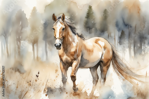 Brown horse running in a misty meadow. Watercolor illustration with splashes and blurred background. Nature and wildlife concept for design and print with copy space.