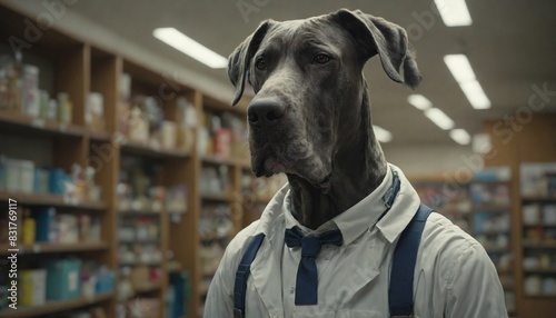 A Great Dane in a pharmacist's outfit stands in a pharmacy aisle, with shelves filled with various products in the background.