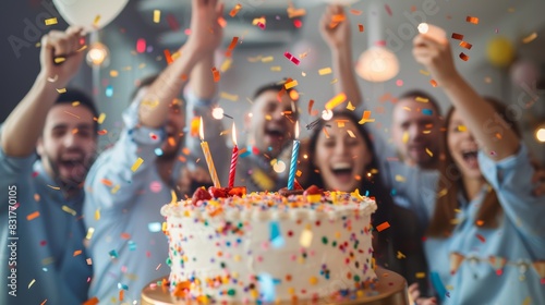 A group of friends celebrating a birthday with a colorful cake and confetti, creating a joyful and festive atmosphere.
