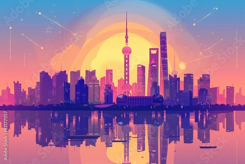 Illustration of Shanghai urban landscape with vibrant colors, city pop