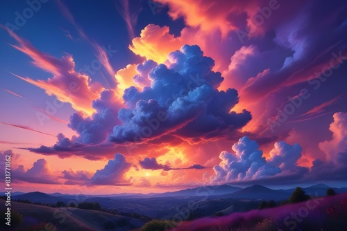 Stunning sunset sky with puffy, backlit clouds aglow in a vibrant mix of red, orange, yellow and lavender hues during the golden hour. Peaceful, romantic summer dusk twilight landscape.