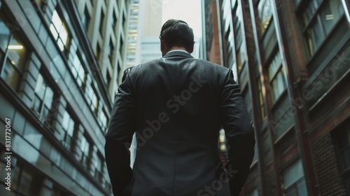 高層ビル街を歩くスーツの男性 
