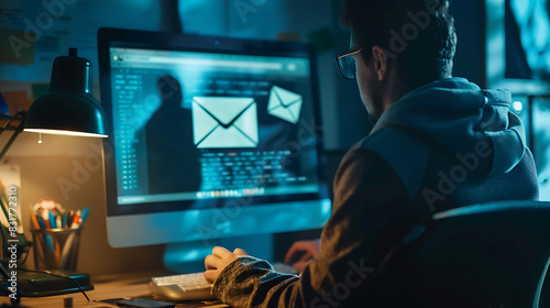A computer screen showing a phishing email, a person looking worried and about to click on a link, symbolizing the threat of phishing attacks. Generative AI illustration 